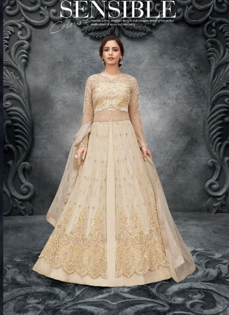 Cream Colour Latest Fancy Designer Festive Wear Soft Net Heavy Embroidery And Hand work Salwar Suit Collection 10052